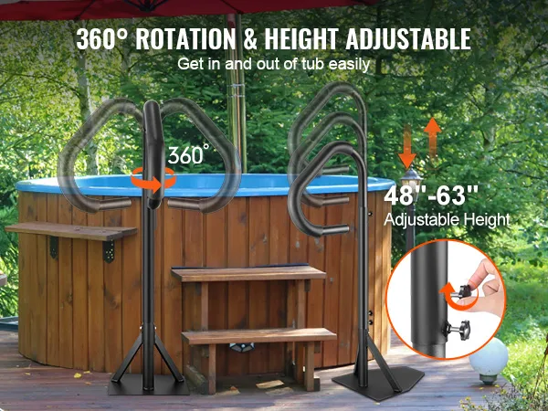 VEVOR hot tub handrail with 360° rotation and adjustable height from 48" to 63" for easy entry.