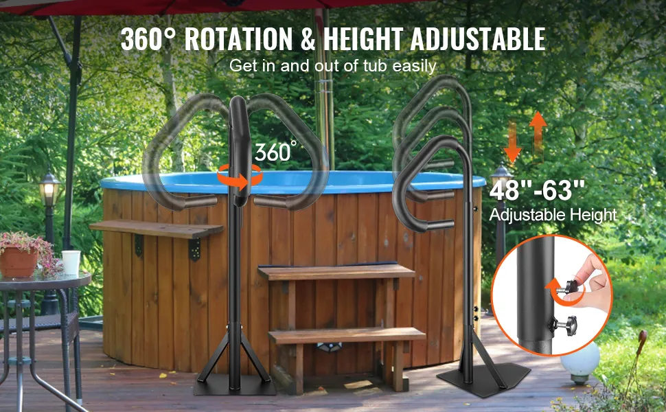 VEVOR hot tub handrail with 360° rotation and adjustable height from 48" to 63" for easy entry.
