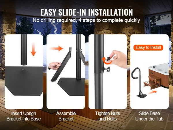 VEVOR hot tub handrail installation guide: insert bracket, assemble, tighten nuts, slide base under tub.