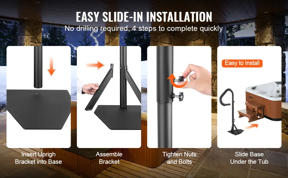 VEVOR hot tub handrail installation guide: insert bracket, assemble, tighten nuts, slide base under tub.