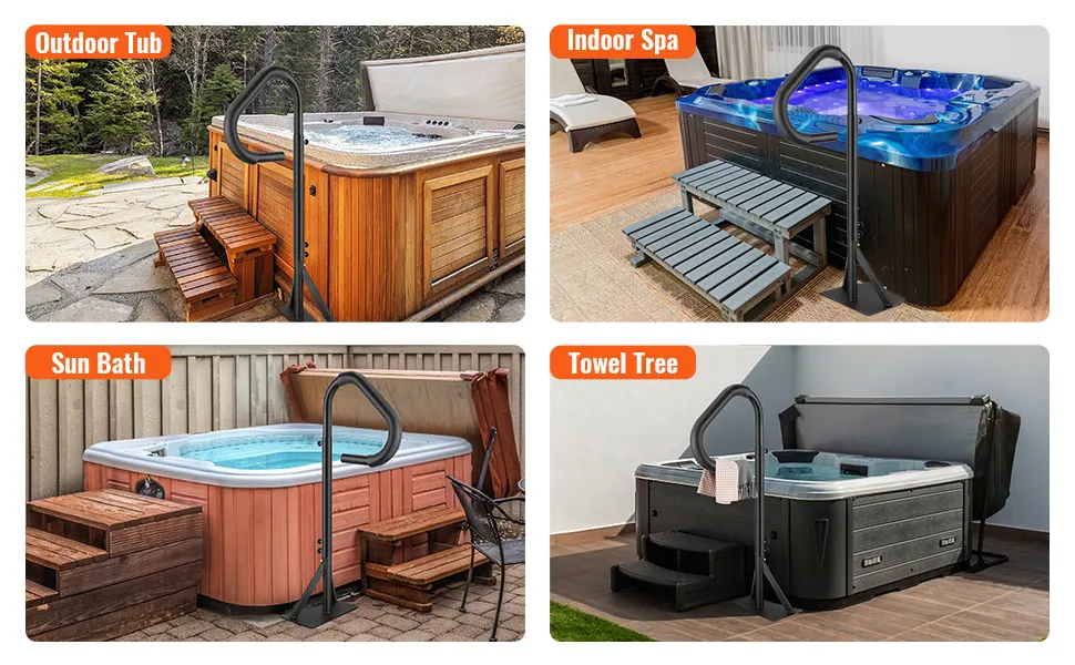 outdoor tubs, spas, and hot tubs fitted with sleek VEVOR hot tub handrails for safe access.