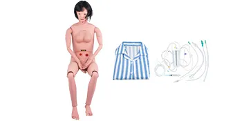 Maniquí de enfermería VEVOR con tubos médicos y ropa a rayas para entrenamiento.