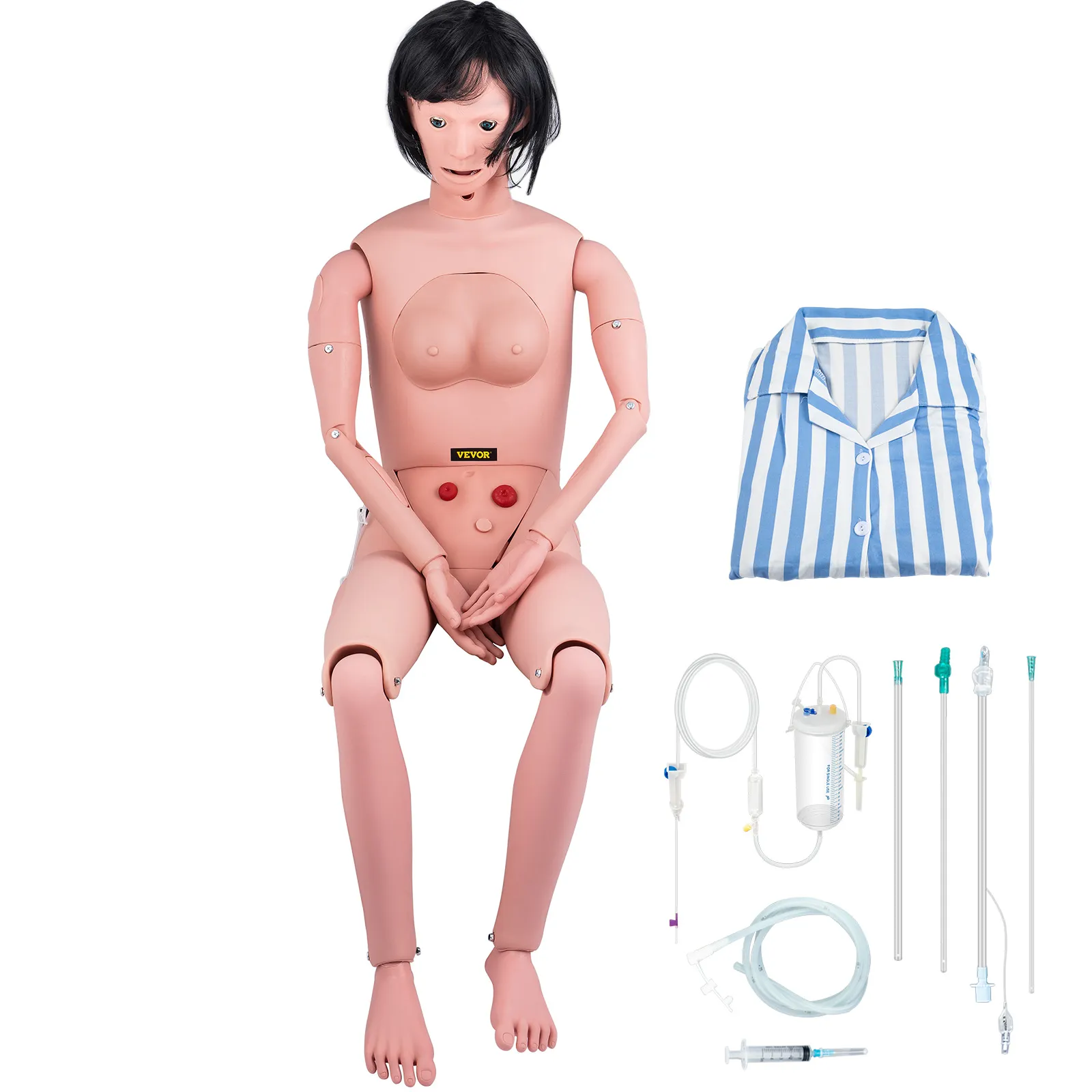 Maniquí de enfermería VEVOR con accesorios y camisa de rayas azules y blancas