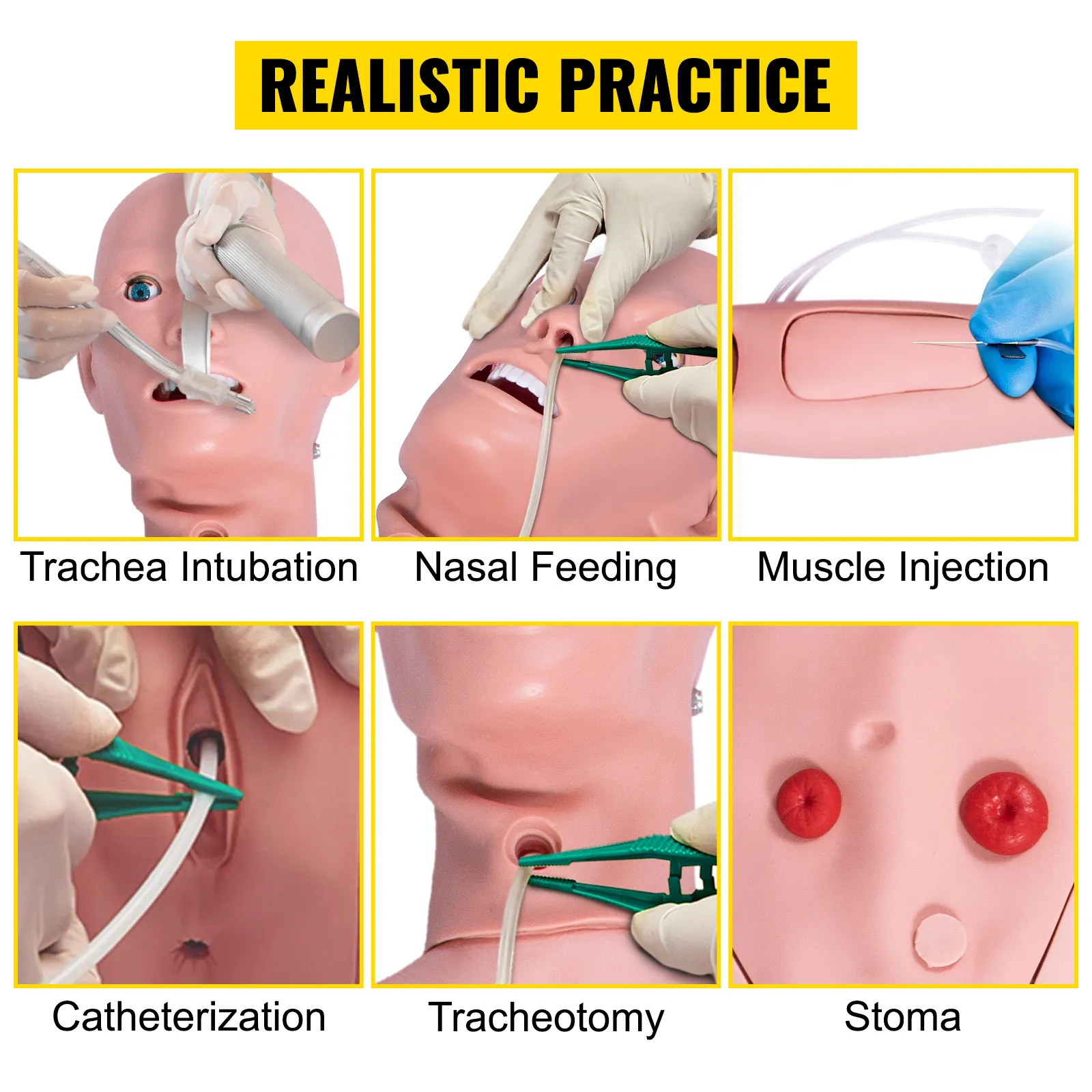 Maniquí de enfermería VEVOR con intubación traqueal, alimentación nasal, inyección muscular, cateterización, traqueotomía, estoma.