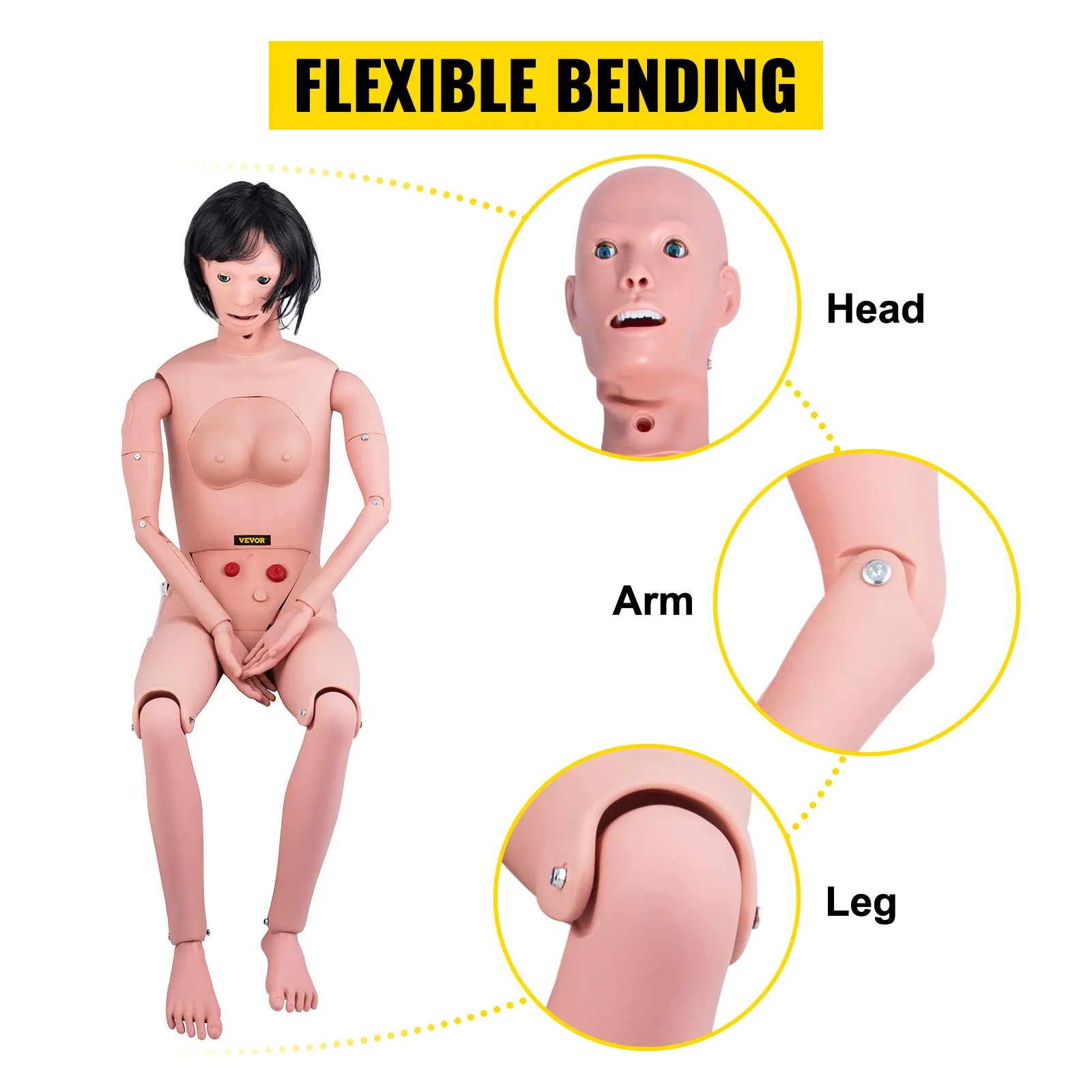 Maniquí de enfermería VEVOR que muestra una flexión flexible en las articulaciones de la cabeza, los brazos y las piernas.