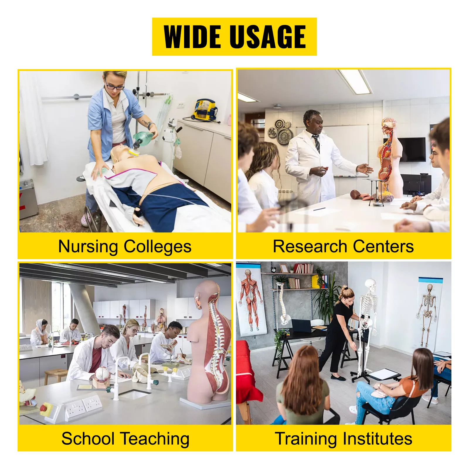 Maniquí de enfermería VEVOR utilizado en escuelas de enfermería, centros de investigación, enseñanza escolar e institutos de formación.