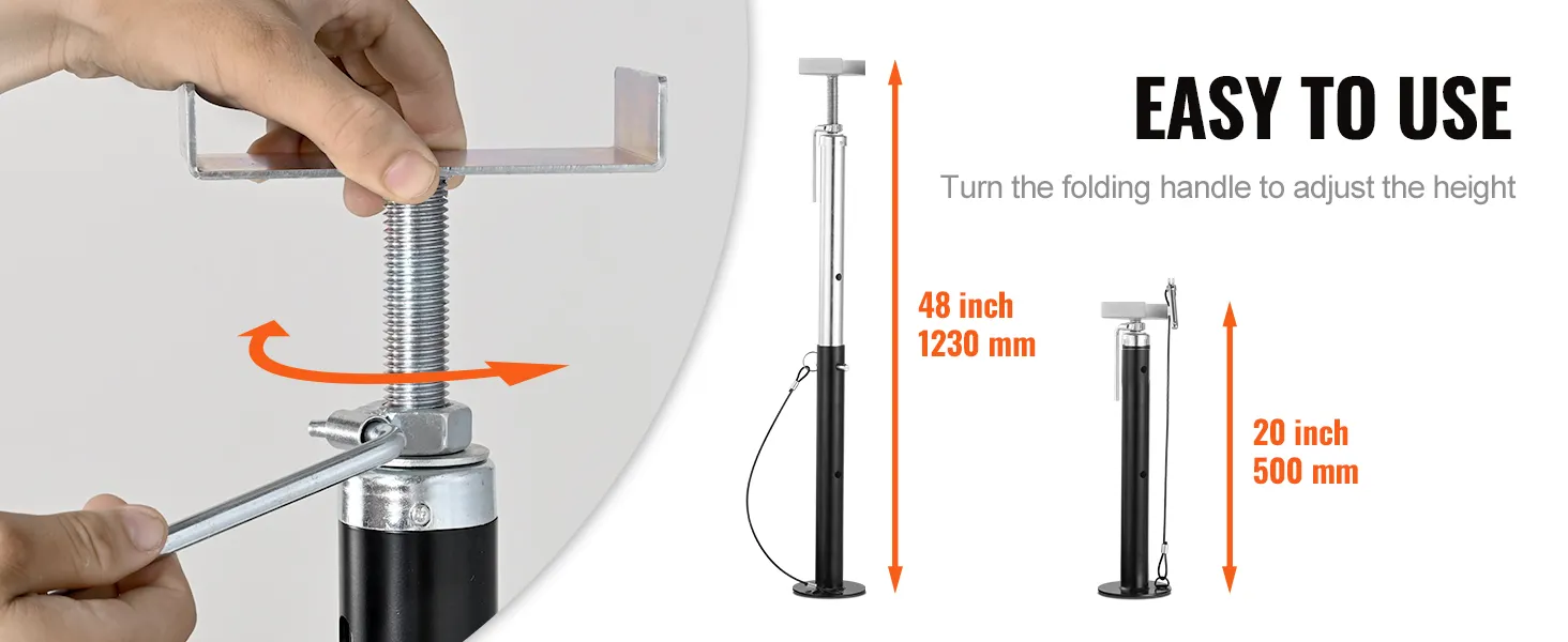 VEVOR rv slide out support jacks with adjustable height shown in use and size specifications.