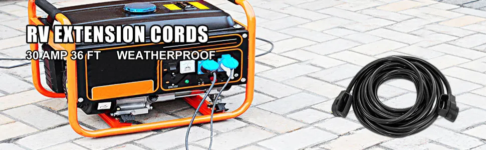 Cable de extensión para vehículos recreativos VEVOR: 30 amperios, 36 pies, resistente a la intemperie, cerca del generador en el pavimento.