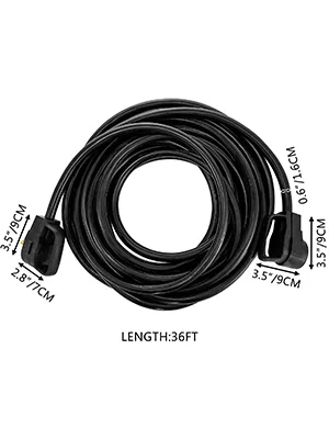 Cable de extensión para RV VEVOR negro, 36 pies de largo, con dimensiones de enchufe etiquetadas.