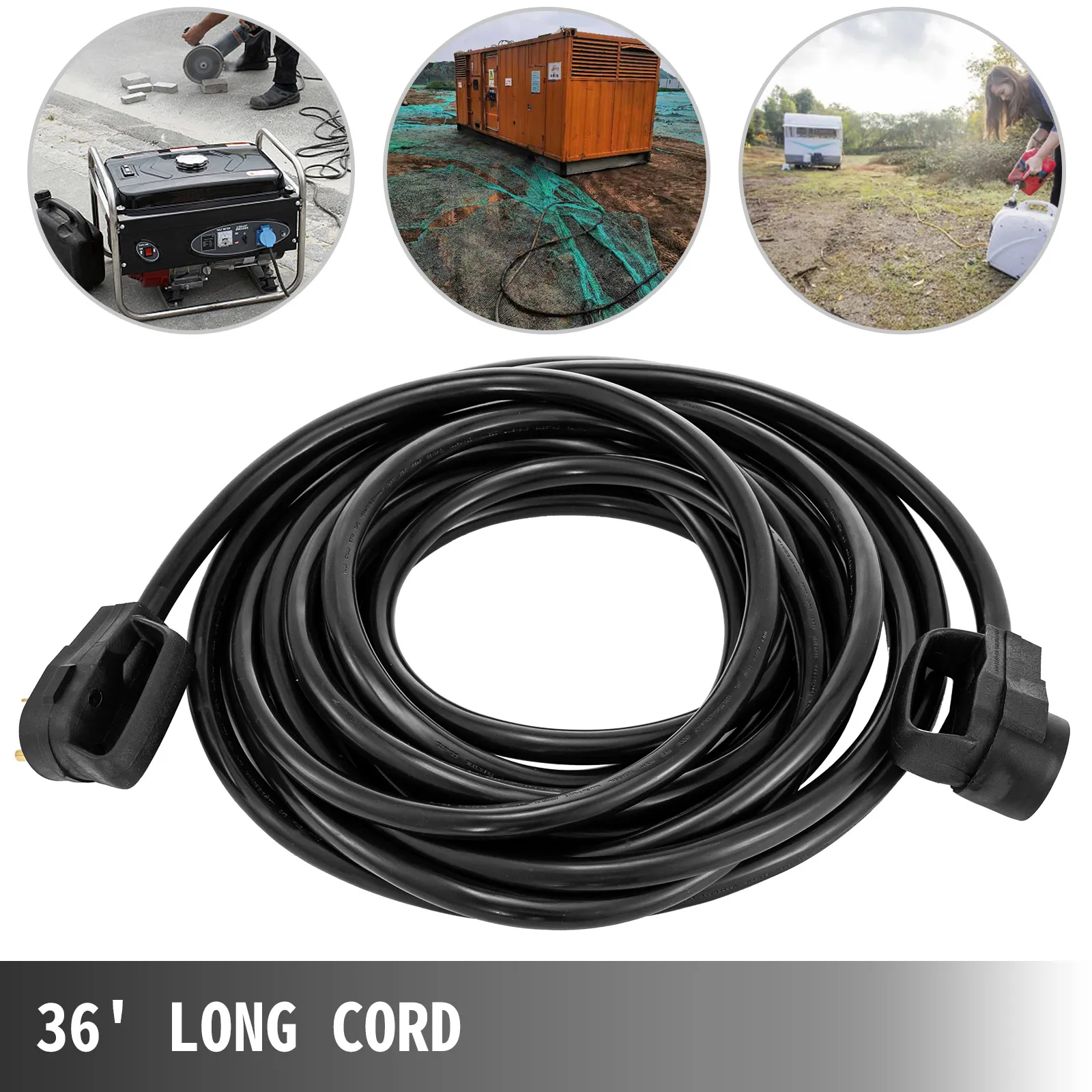 Cable de extensión VEVOR RV, 36' de largo, con múltiples imágenes de aplicaciones en el fondo.