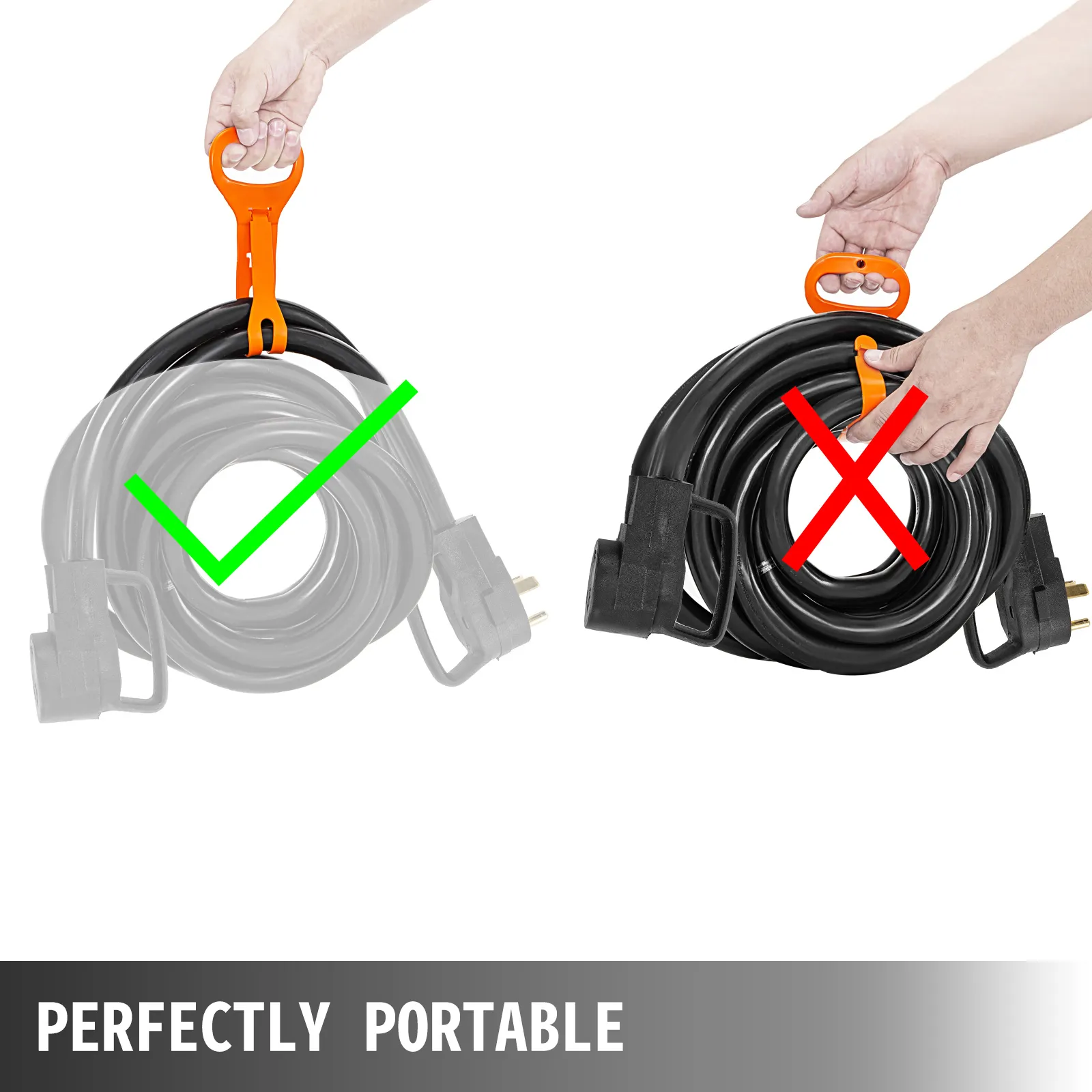 Manejo adecuado del cable de extensión VEVOR RV para portabilidad.