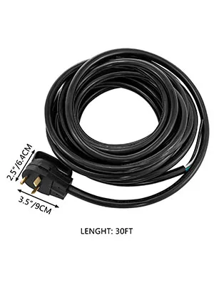 Cable de alimentación VEVOR rv, 30 pies de largo, negro, con dimensiones de enchufe indicadas.