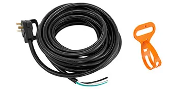 Cable de alimentación para vehículos recreativos VEVOR con mango naranja, cable negro enrollado y enchufe de tres clavijas.