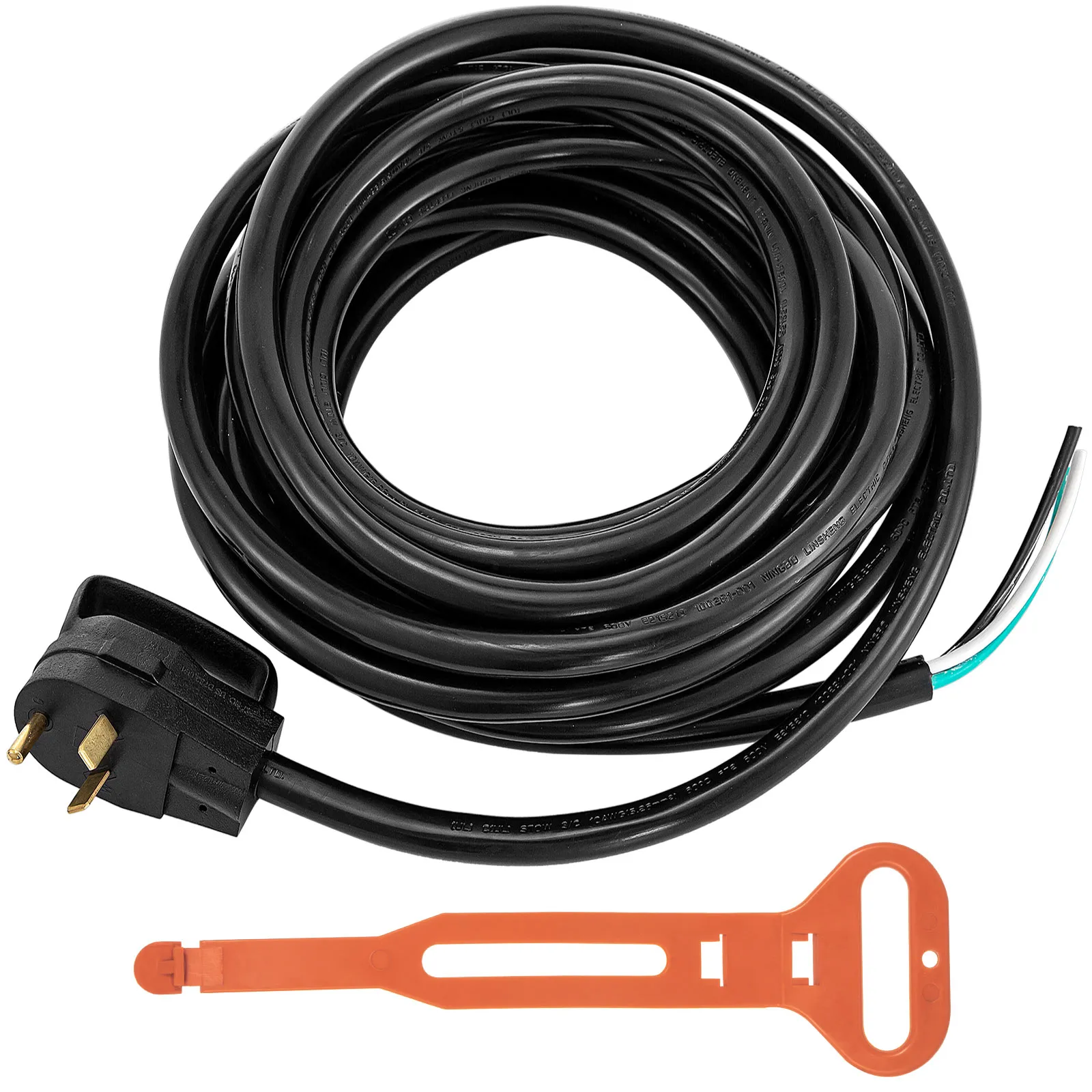 Cable de alimentación para RV VEVOR negro enrollado con brida naranja sobre fondo blanco.