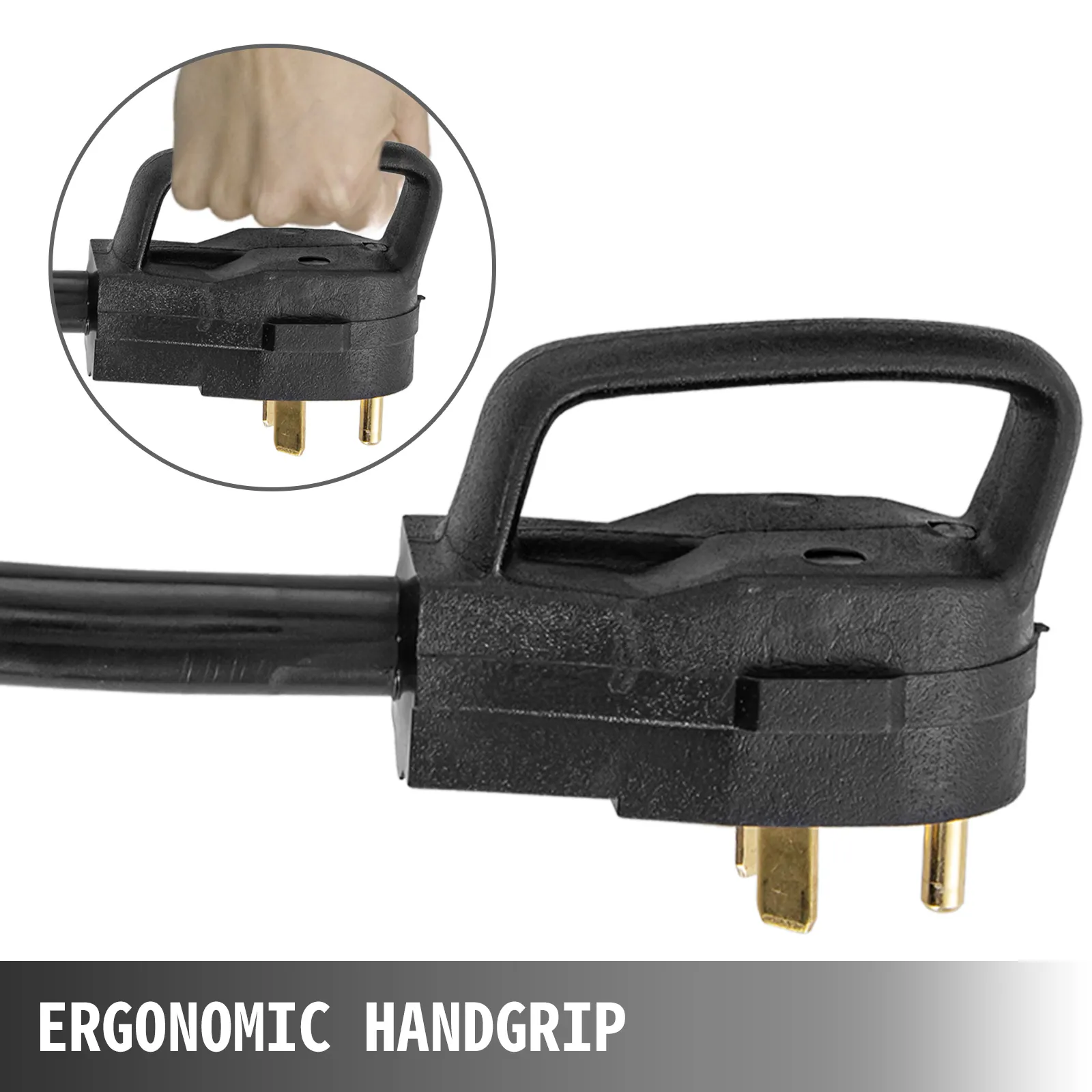 Cable de alimentación VEVOR rv con empuñadura ergonómica, primer plano. Mango negro y puntas doradas.