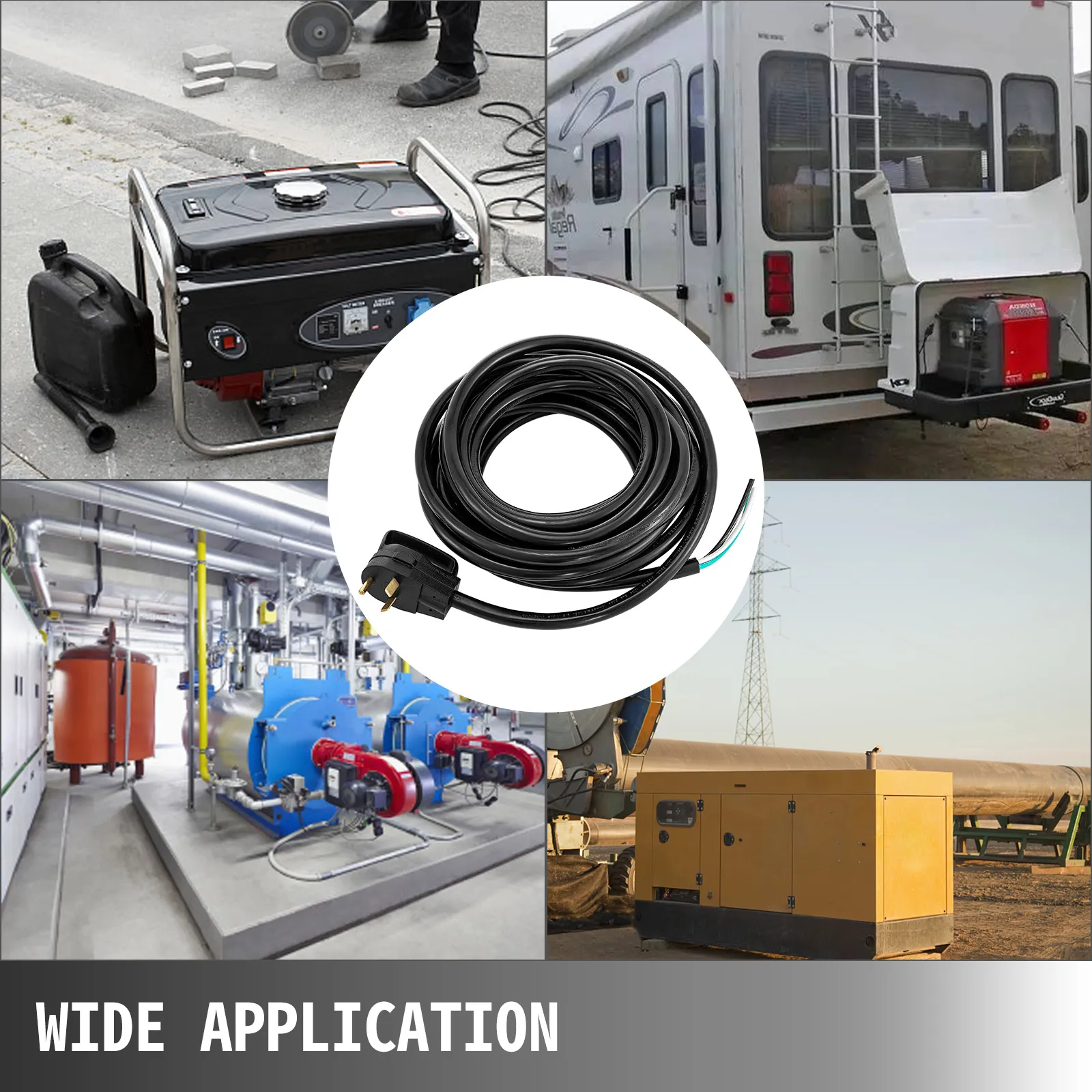 Cable de alimentación VEVOR rv en diversas aplicaciones: exterior, industrial y uso en vehículos recreativos.