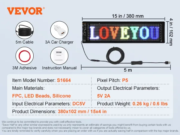 Insegna LED programmabile VEVOR, modello S1664, 15x4 pollici, 5 V 2 A, pixel pitch P5, cavo da 5 m, caricabatteria per auto 3 A.
