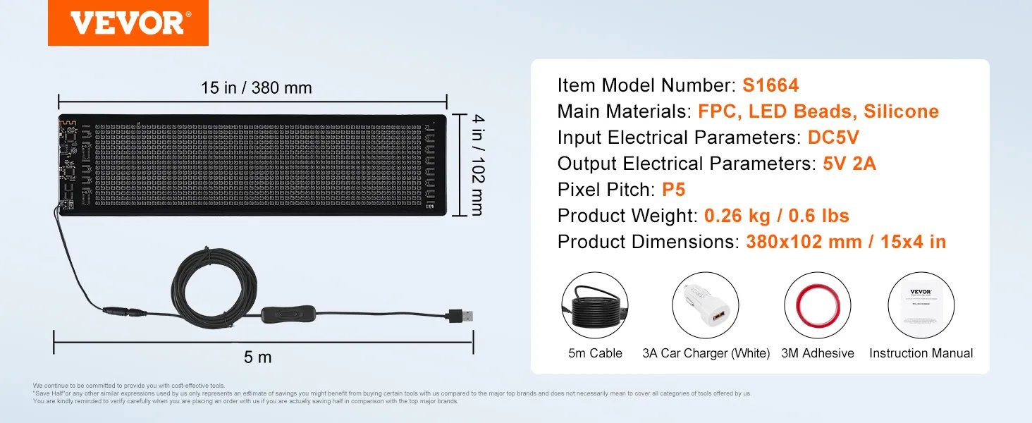 Programmierbares LED-Schild von VEVOR, Modell S1664, 15 x 4 Zoll, 5 V 2 A, Pixelabstand P5, 5 m Kabel, 3 A Autoladegerät.
