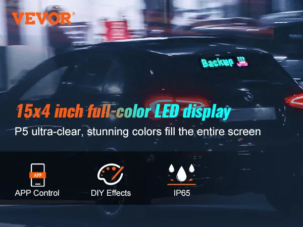 Insegna LED programmabile VEVOR da 15x4 pollici, display a colori, controllo tramite app, effetti fai da te, IP65, P5 ultra-trasparente.