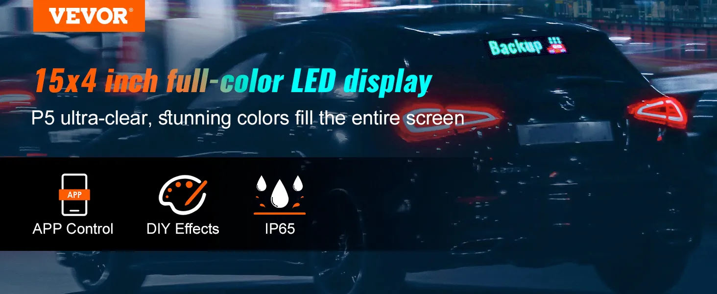 VEVOR programmierbares LED-Schild, 15 x 4 Zoll, Vollfarbdisplay, App-Steuerung, DIY-Effekte, IP65, P5 ultraklar.