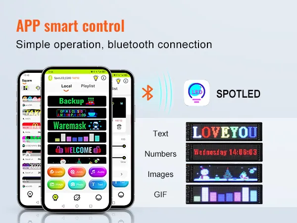 App di controllo intelligente per insegne a LED programmabili VEVOR con Bluetooth, che mostrano testo, numeri, immagini e GIF.