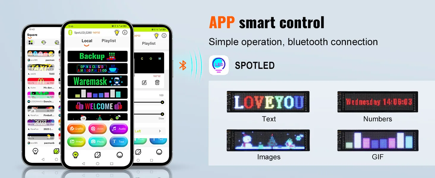 Intelligente App-Steuerung für das programmierbare LED-Schild von VEVOR mit Bluetooth, das Text, Zahlen, Bilder und GIFs anzeigt.