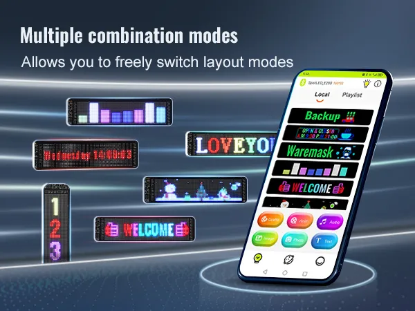 Insegna LED programmabile VEVOR che visualizza vari testi e motivi vivaci con un'interfaccia di controllo tramite app mobile.