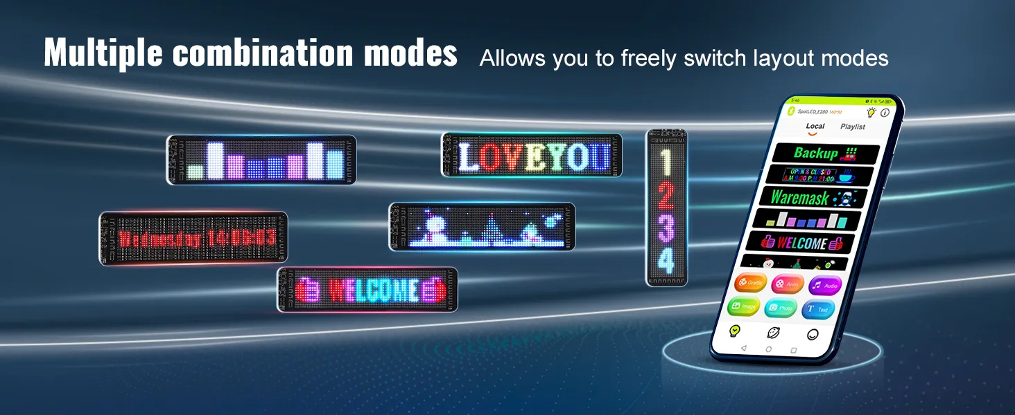Programmierbares LED-Schild von VEVOR mit Anzeige verschiedener lebendiger Texte und Muster und Steuerungsschnittstelle für mobile Apps.
