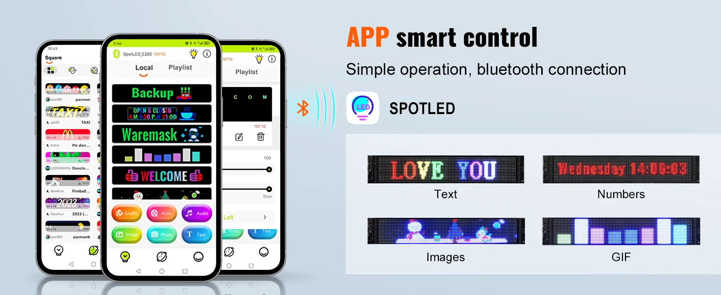 Okosalkalmazás-vezérlés VEVOR programozható LED kijelzőhöz Bluetooth-on keresztül, szöveg, számok, képek és GIF-ek megjelenítésével.