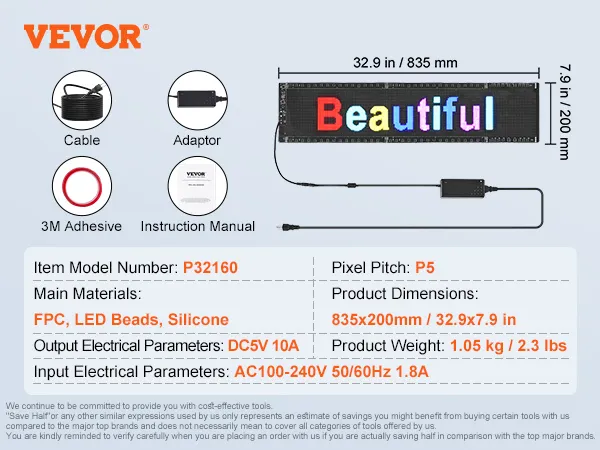 Letrero LED programable VEVOR, 32,9 x 7,9 pulgadas, pantalla de texto multicolor, incluye cable, adaptador, manual.