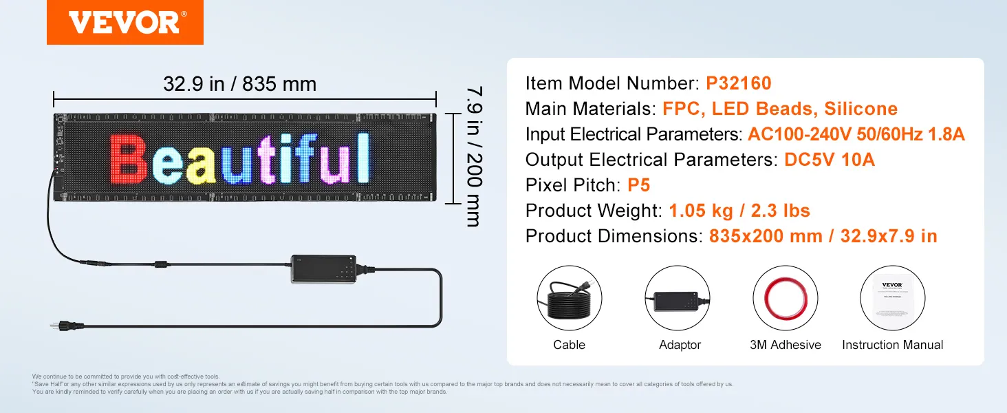 Letrero LED programable VEVOR, 32,9 x 7,9 pulgadas, pantalla de texto multicolor, incluye cable, adaptador, manual.