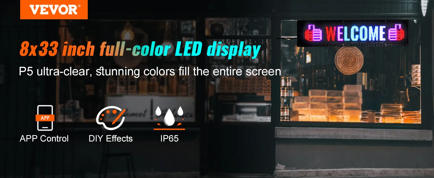 Letrero LED programable VEVOR con pantalla a todo color de 8 x 33 pulgadas, control de aplicación, efectos de bricolaje y clasificación IP65.