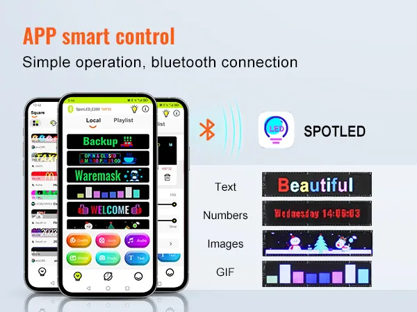 Control inteligente de aplicación para letrero LED programable VEVOR, que muestra texto, números, imágenes, gifs y conectividad Bluetooth.