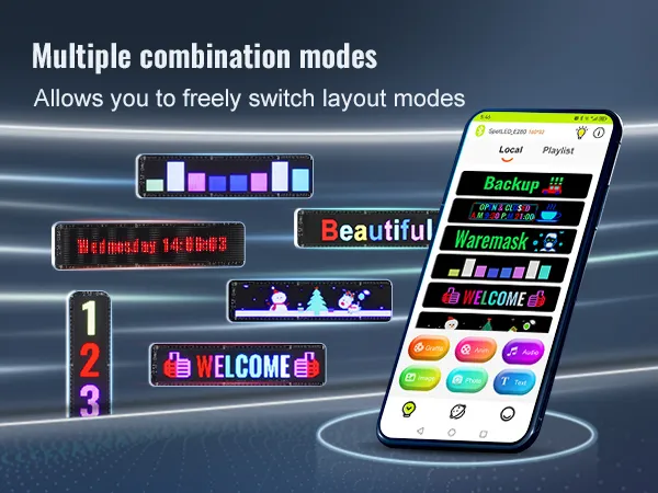Letrero LED programable VEVOR con múltiples modos de combinación y una aplicación para teléfono inteligente para personalización.