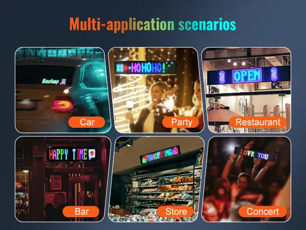 Letrero LED programable VEVOR que se puede visualizar en automóviles, fiestas, restaurantes, bares, tiendas y conciertos.