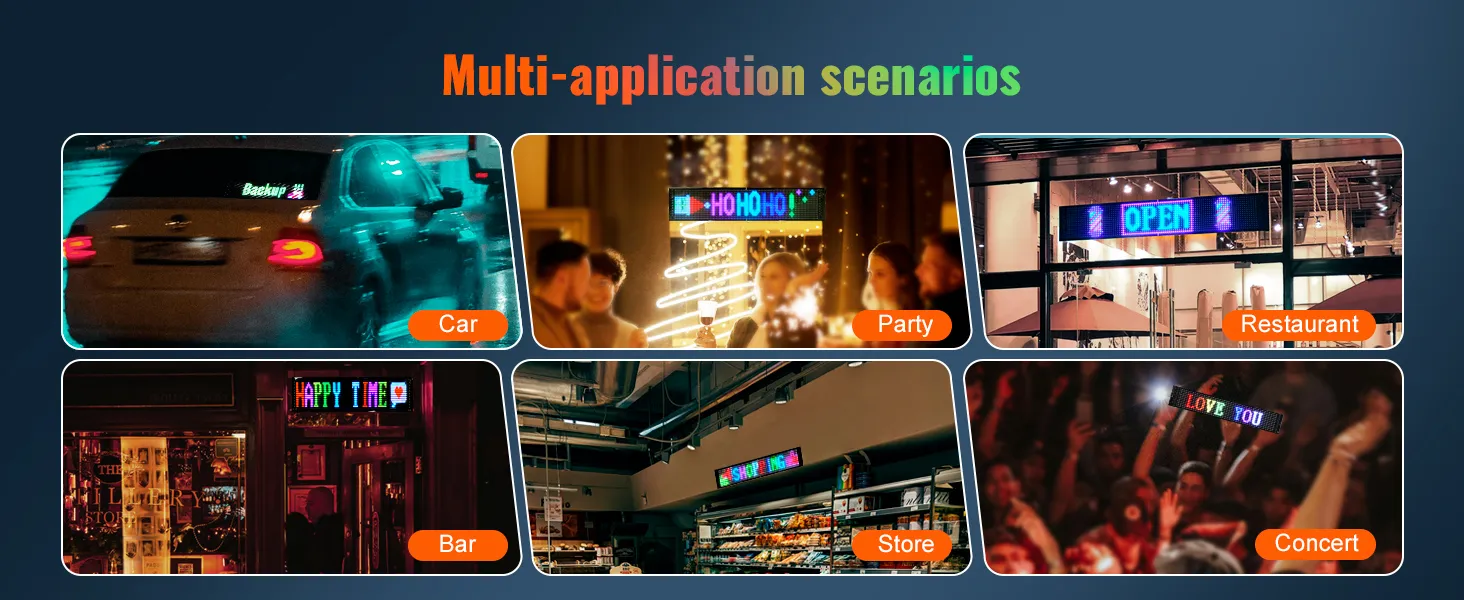 Letrero LED programable VEVOR que se puede visualizar en automóviles, fiestas, restaurantes, bares, tiendas y conciertos.