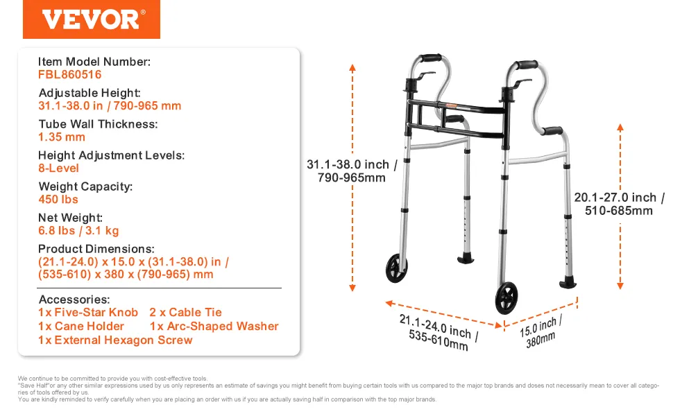 VEVOR folding walker with adjustable height, 450 lbs capacity, 8-level adjustment, and accessories.