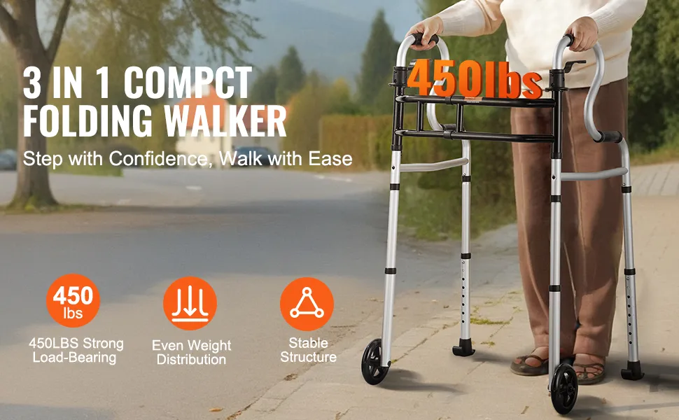 VEVOR folding walker supporting 450 lbs, featuring even weight distribution and stable structure.