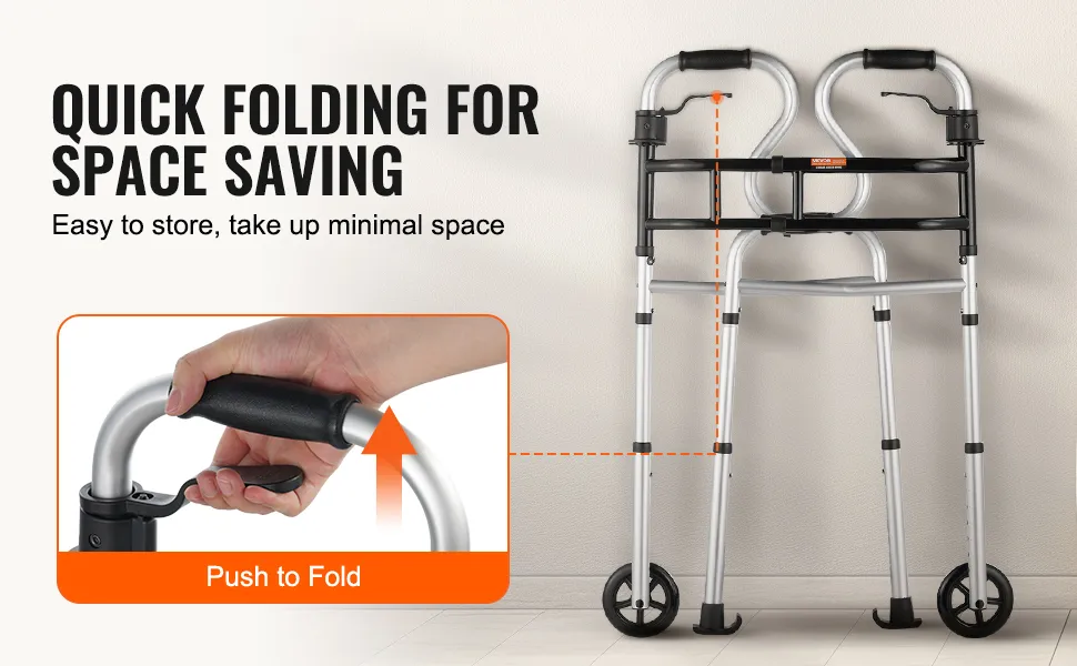 quick folding VEVOR folding walker, aluminum frame, easy to store, black and silver, with push button.