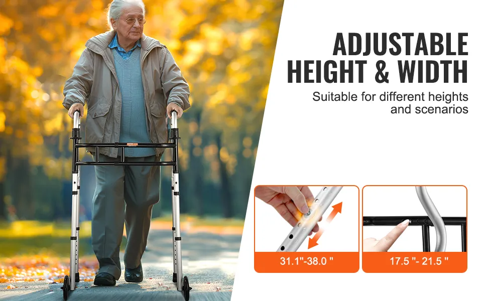 elderly person using VEVOR folding walker on a sunny path, showcasing adjustable height and width.