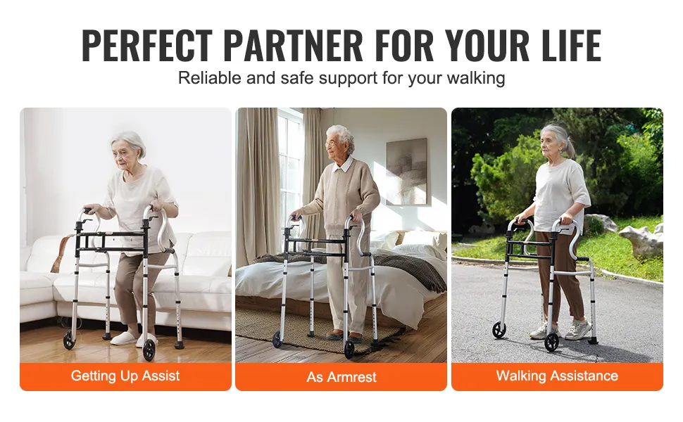 VEVOR folding walker shown assisting with getting up, as an armrest, and walking assistance indoors and outdoors.