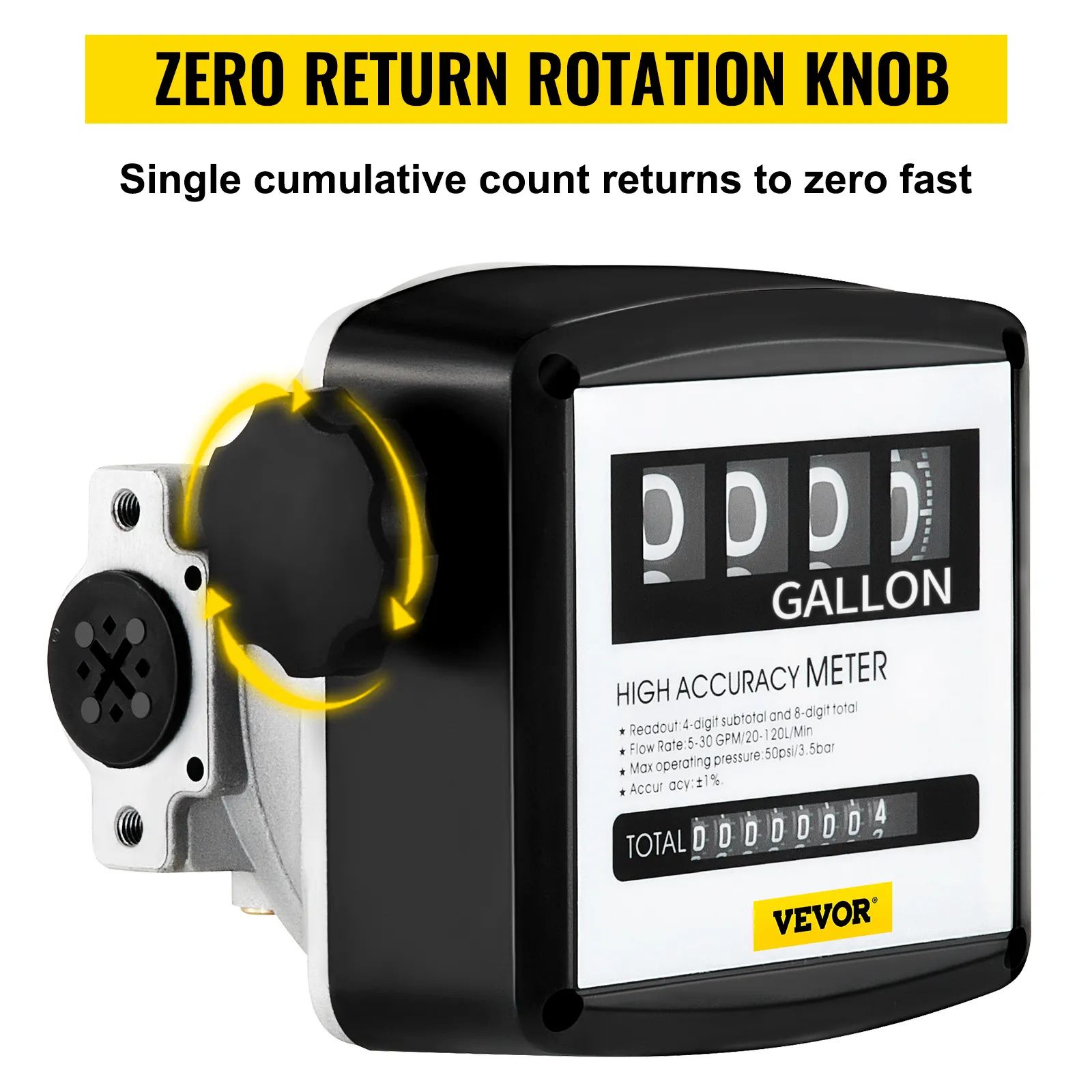 Medidor de combustible VEVOR con perilla de rotación de retorno a cero para un reinicio rápido y una medición de alta precisión.