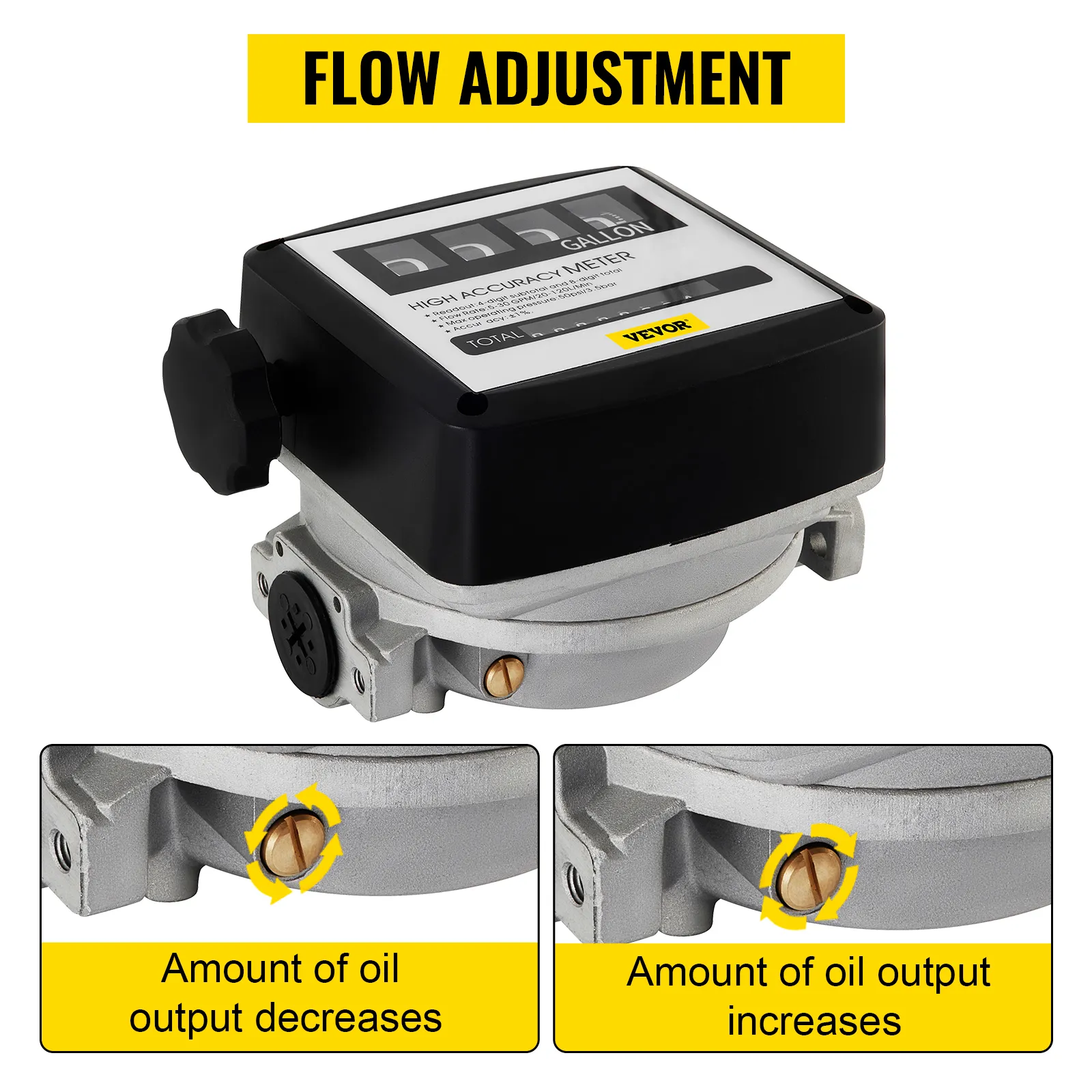 Medidor de combustible VEVOR con perilla de ajuste de flujo e indicadores de salida de aceite