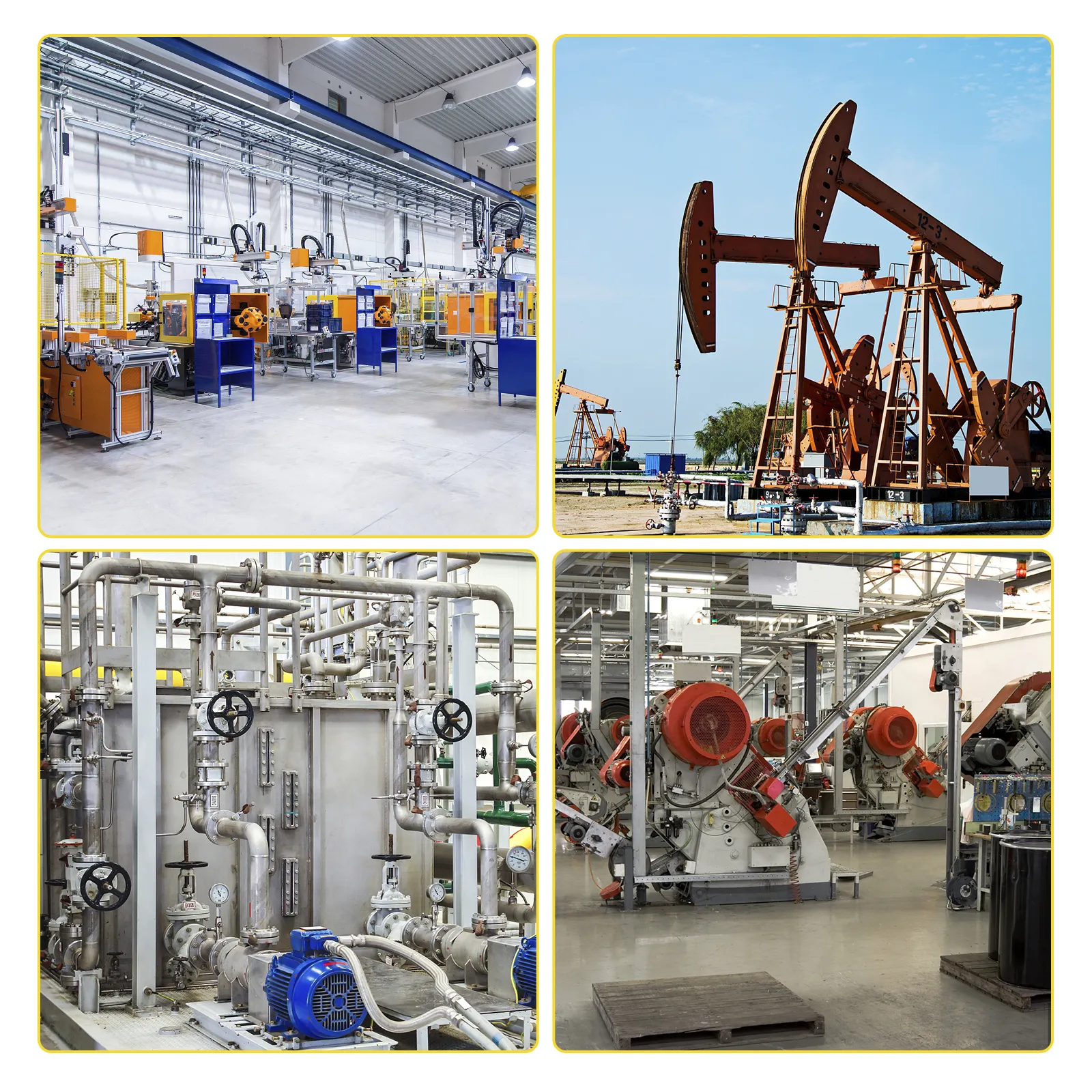 Medidor de combustible VEVOR mostrado en entornos industriales con maquinaria y gatos de bombas de aceite.