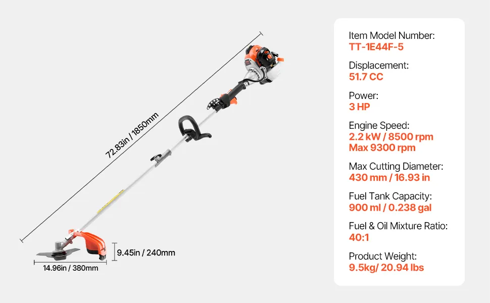 VEVOR String Trimmer, 42.7CC 2-Stroke, Gas Powered Weed Wacker, 16.9" Cordless Grass Trimmer, Multi-Functional Lawn Edger with Shoulder Strap & 3T Blade, Weed Eater for Quick Grass Cleaning