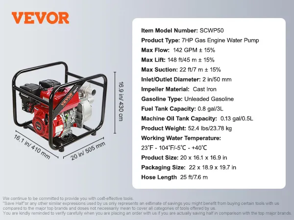 VEVOR gasoline engine water pump scwp50, 7hp, 2 in inlet/outlet, 148 ft lift, 142 gpm flow, 52.4 lbs.