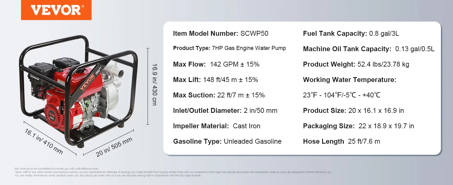 VEVOR gasoline engine water pump scwp50, 7hp, 2 in inlet/outlet, 148 ft lift, 142 gpm flow, 52.4 lbs.