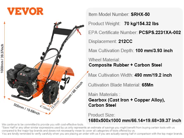 VEVOR tiller cultivator features an orange body, black engine, and detailed specifications.