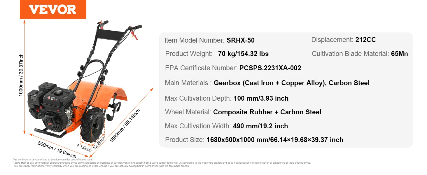 VEVOR tiller cultivator features an orange body, black engine, and detailed specifications.