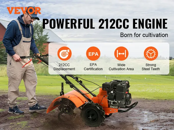 VEVOR tiller cultivator with 212cc engine, epa certification, wide cultivation area, and steel teeth.